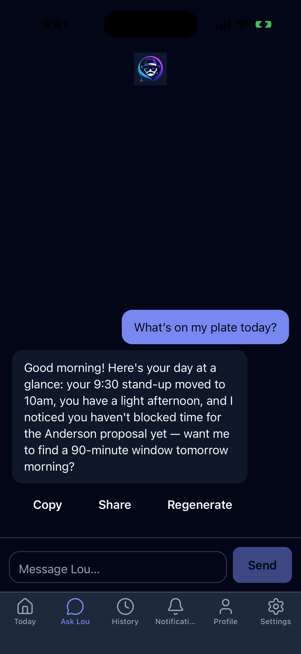 Lou Minati summarizing today's schedule in a chat conversation
