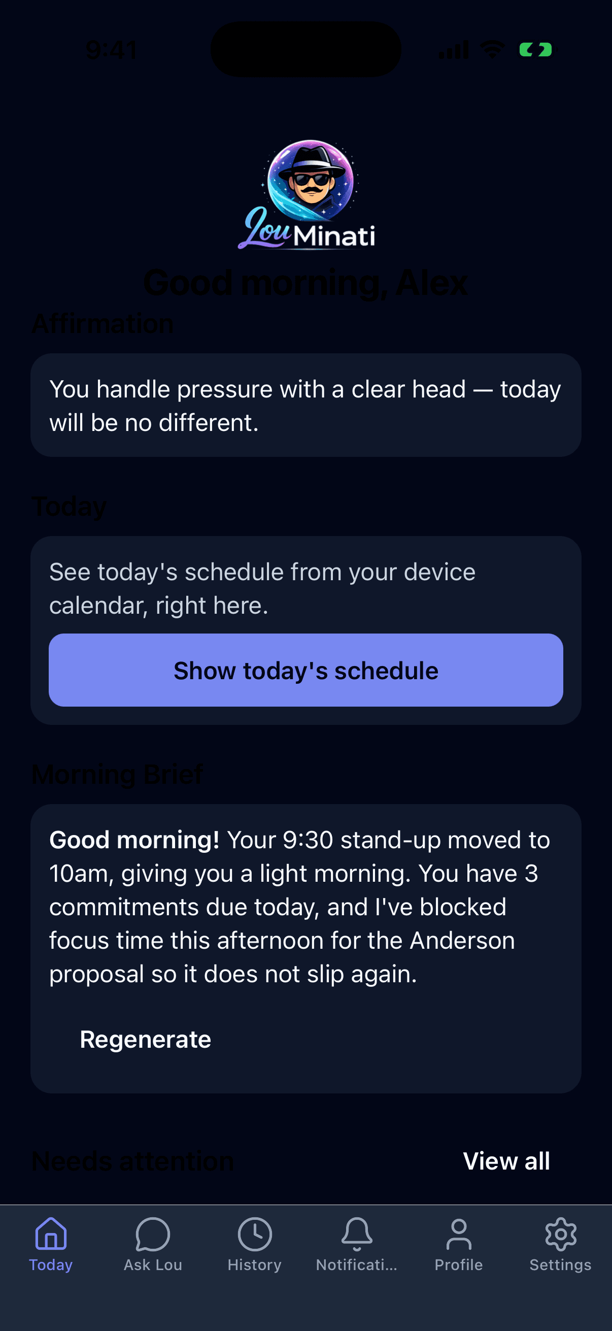Lou Minati's Home screen, showing today's affirmation and morning brief